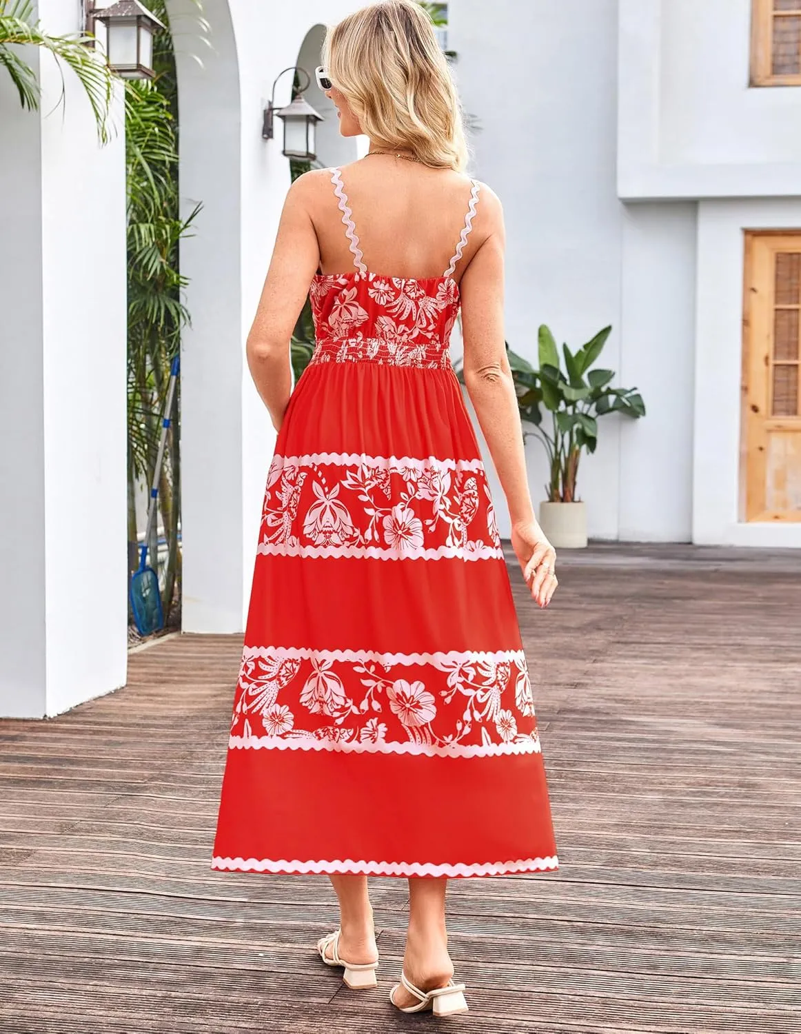 GRACE KARIN Women Summer Boho Dress 2025 Spaghetti Strap V Neck Smocked Ruffle Flowy Beach Maxi Dress with Pockets