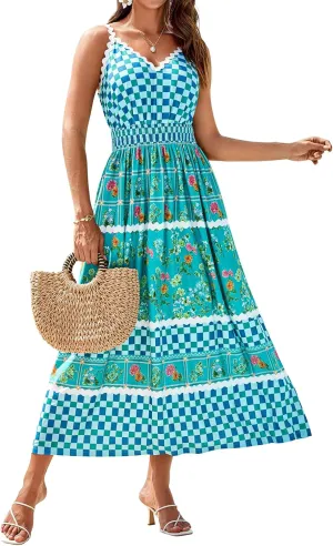 GRACE KARIN Women Summer Boho Dress 2025 Spaghetti Strap V Neck Smocked Ruffle Flowy Beach Maxi Dress with Pockets