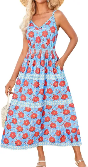 GRACE KARIN Women Summer Boho Dress 2025 Spaghetti Strap V Neck Smocked Ruffle Flowy Beach Maxi Dress with Pockets