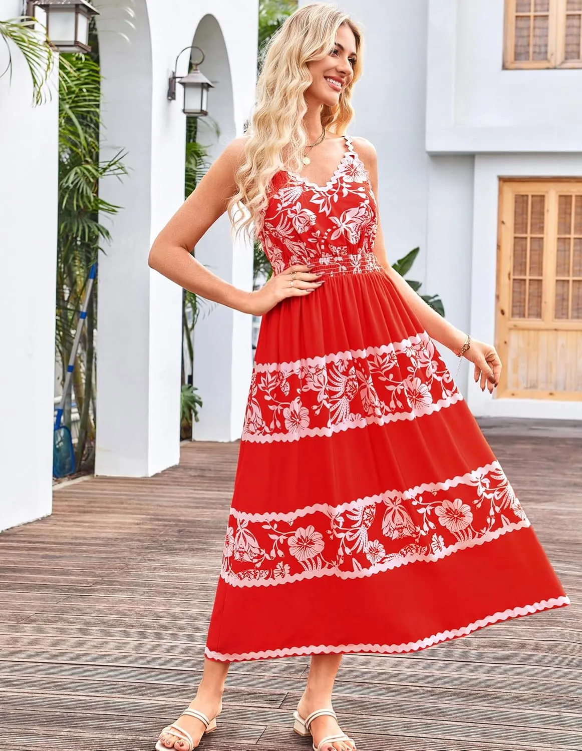 GRACE KARIN Women Summer Boho Dress 2025 Spaghetti Strap V Neck Smocked Ruffle Flowy Beach Maxi Dress with Pockets