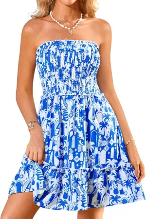 GRACE KARIN Women's Summer Strapless Smocked Tube Dress 2025 Sleeveless Off Shoulder Beach Boho Mini Sundress Blue Floral Small