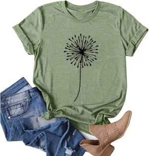 Graphic Tees for Women 2025 Summer Vintage Dandelion Printed Crew Neck Short Sleeve Shirt Plus Size Workout Blouse