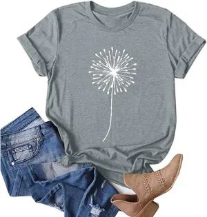 Graphic Tees for Women 2025 Summer Vintage Dandelion Printed Crew Neck Short Sleeve Shirt Plus Size Workout Blouse