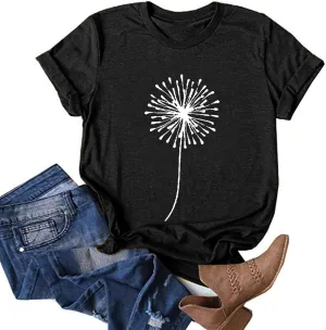 Graphic Tees for Women 2025 Summer Vintage Dandelion Printed Crew Neck Short Sleeve Shirt Plus Size Workout Blouse