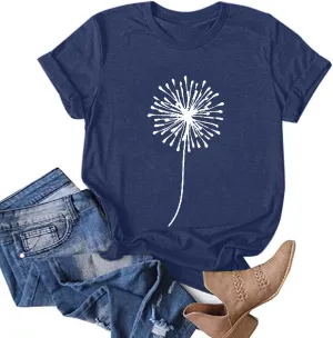 Graphic Tees for Women 2025 Summer Vintage Dandelion Printed Crew Neck Short Sleeve Shirt Plus Size Workout Blouse