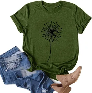 Graphic Tees for Women 2025 Summer Vintage Dandelion Printed Crew Neck Short Sleeve Shirt Plus Size Workout Blouse