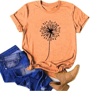 Graphic Tees for Women 2025 Summer Vintage Dandelion Printed Crew Neck Short Sleeve Shirt Plus Size Workout Blouse