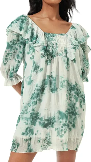 Green Floral Dress Mini Casual Dress Half Sleeve Square Neck Dress for Womens Fashion Ruffle Dress Puff Sleeve Dress