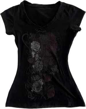 Grunge Shirts Emo Clothes Teen Girls Vintage Graphic Tee Y2k 2000s Goth Top Women Mcbling Short Sleeve Streetwear