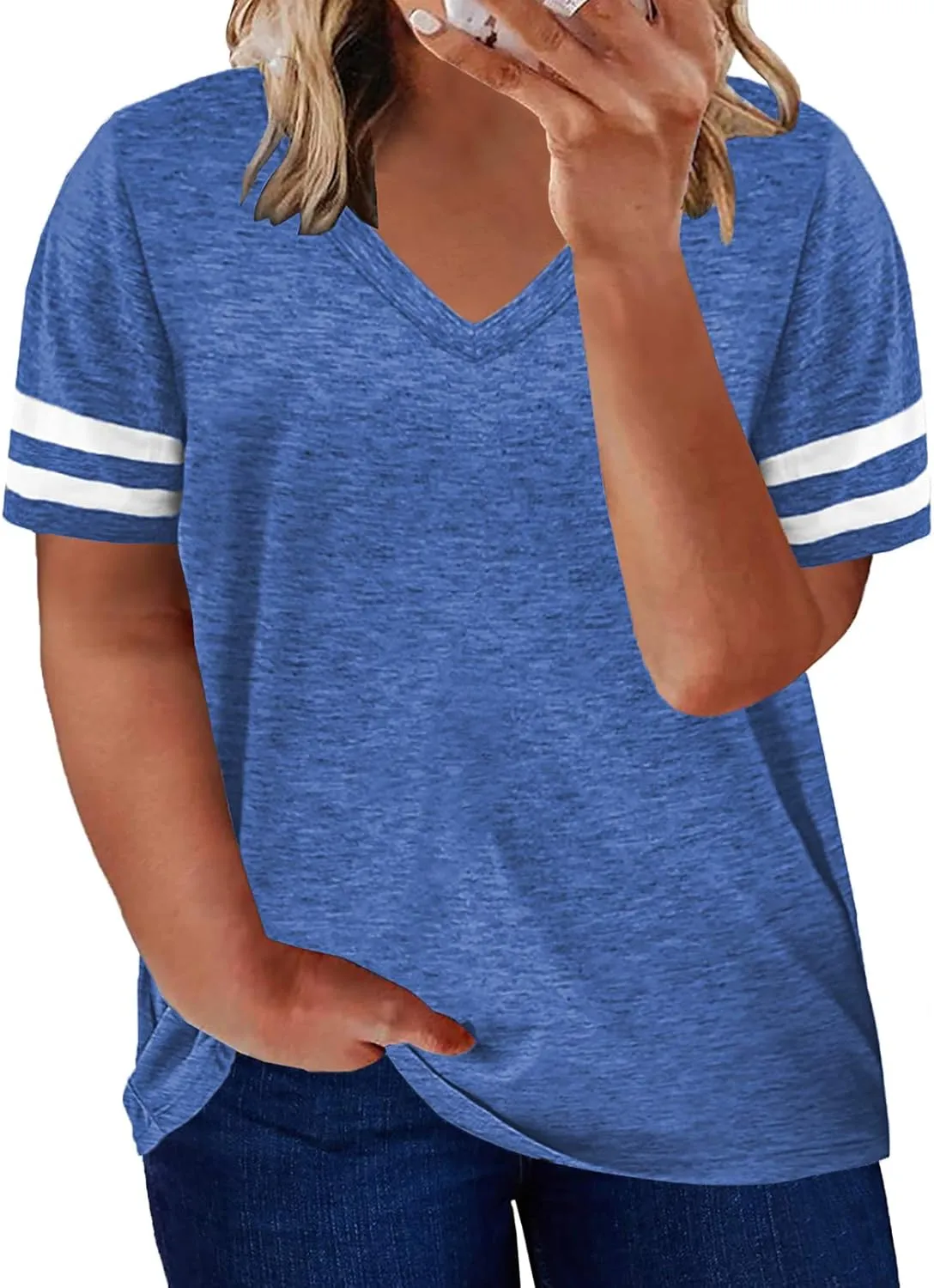 Happy Sailed Womens Plus Size Tunic Tops Summer Short Sleeve V Neck Striped Loose Casual Tee Shirt(1X-5X)
