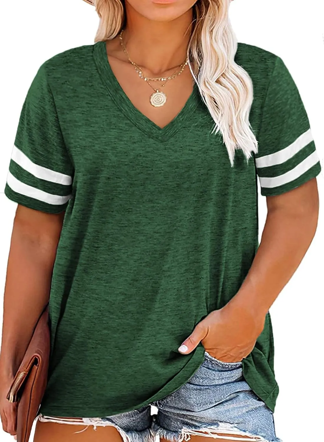 Happy Sailed Womens Plus Size Tunic Tops Summer Short Sleeve V Neck Striped Loose Casual Tee Shirt(1X-5X)