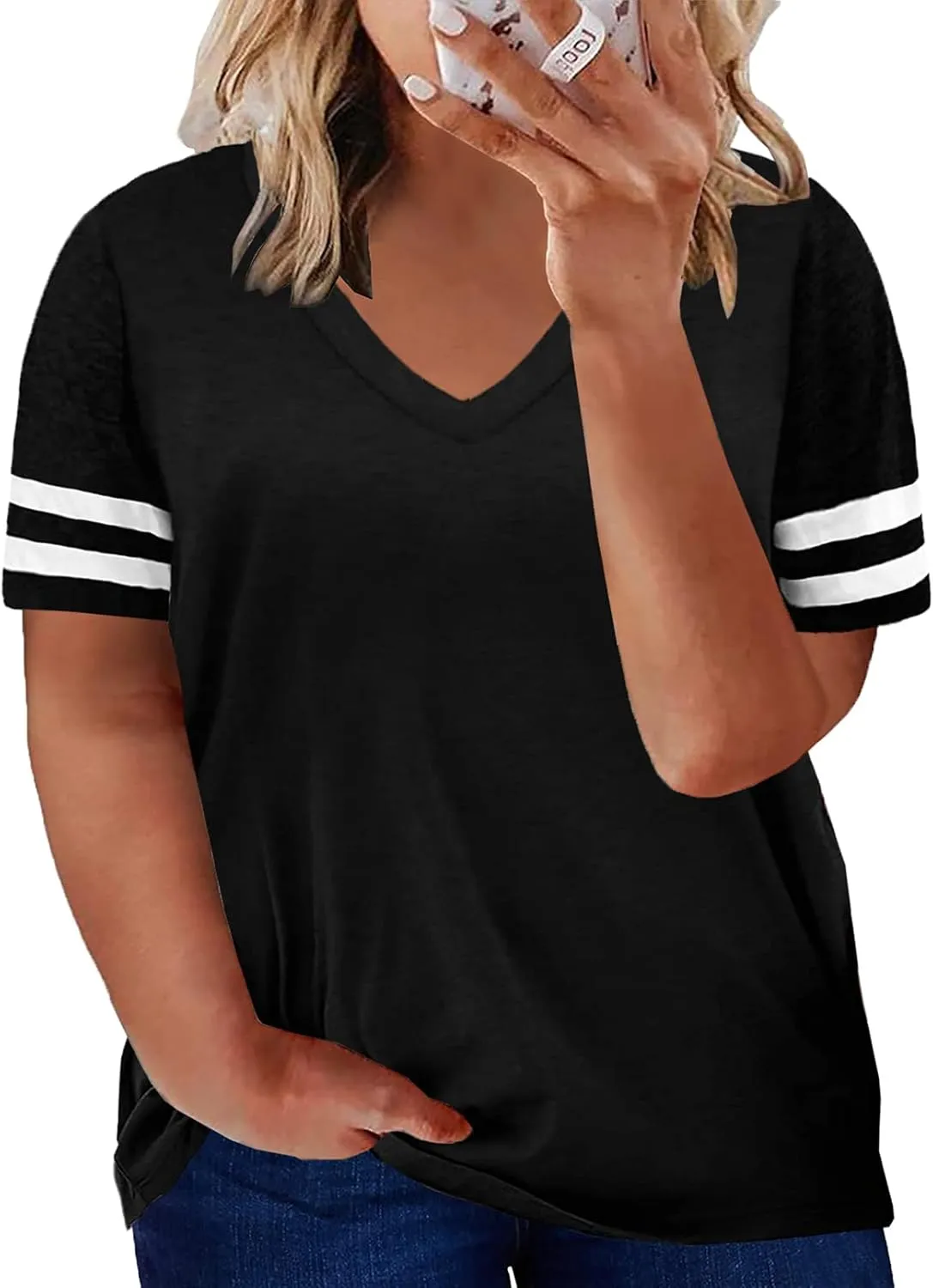 Happy Sailed Womens Plus Size Tunic Tops Summer Short Sleeve V Neck Striped Loose Casual Tee Shirt(1X-5X)