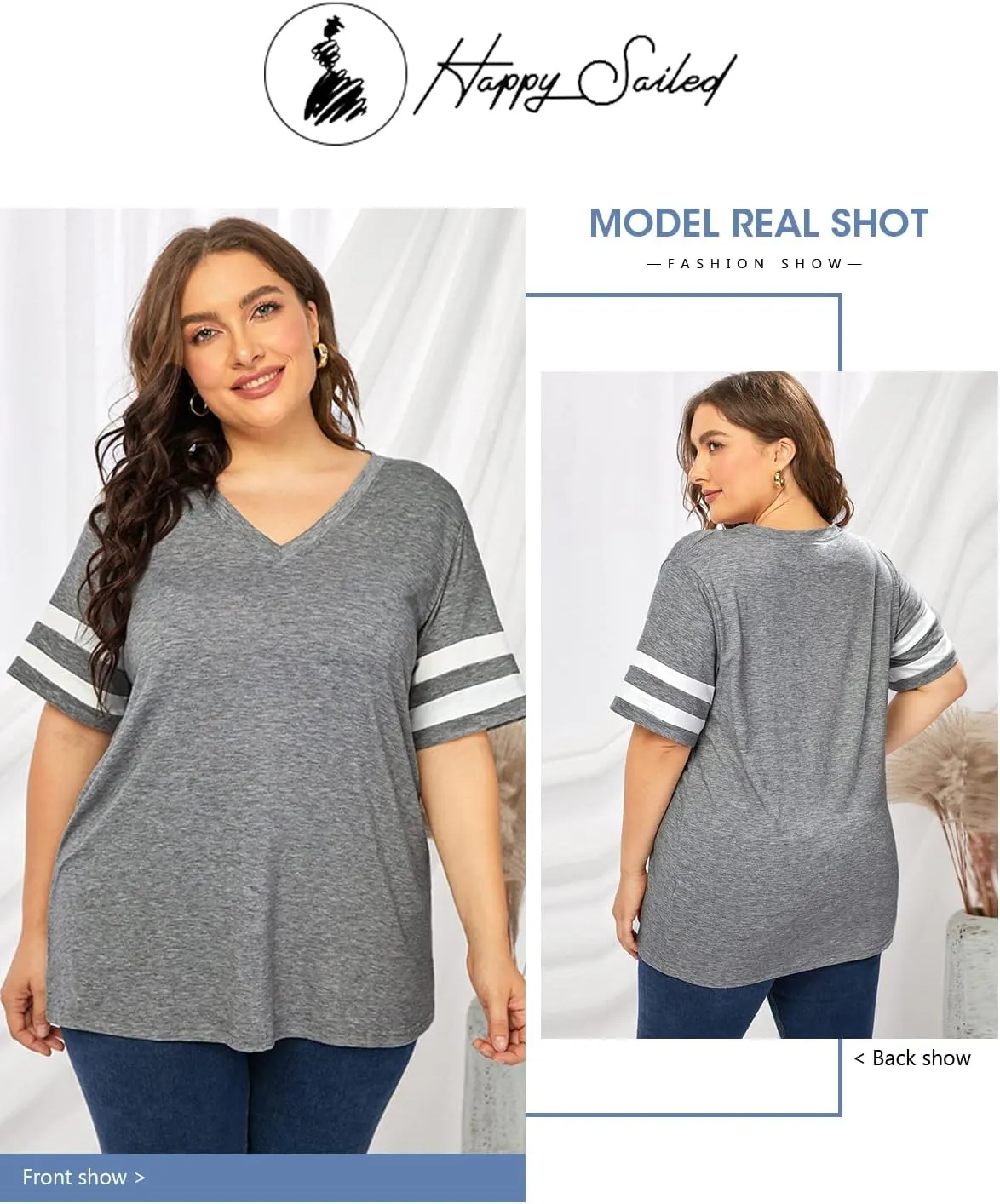 Happy Sailed Womens Plus Size Tunic Tops Summer Short Sleeve V Neck Striped Loose Casual Tee Shirt(1X-5X)