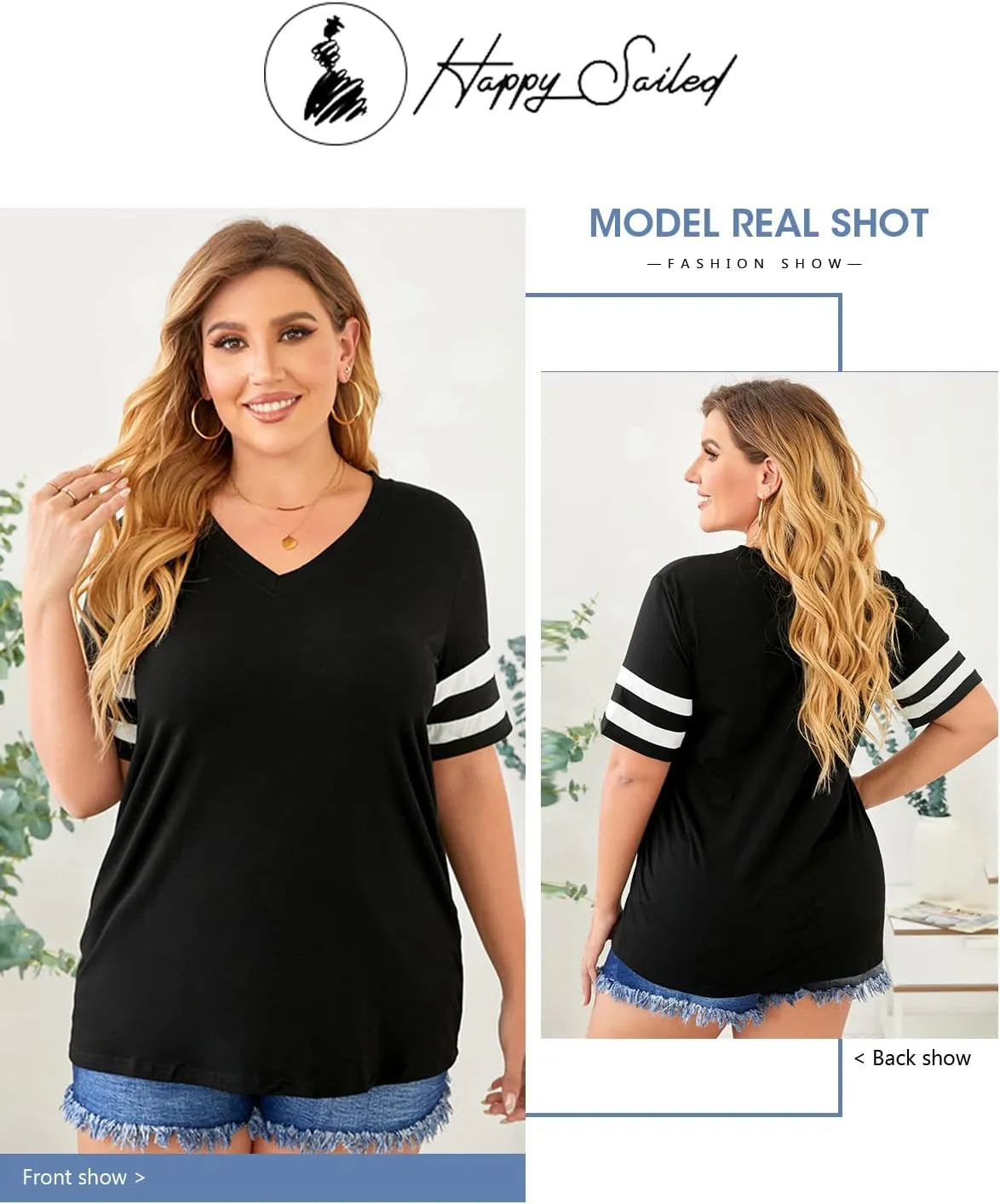 Happy Sailed Womens Plus Size Tunic Tops Summer Short Sleeve V Neck Striped Loose Casual Tee Shirt(1X-5X)