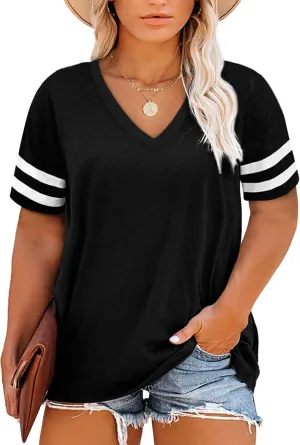 Happy Sailed Womens Plus Size Tunic Tops Summer Short Sleeve V Neck Striped Loose Casual Tee Shirt(1X-5X)