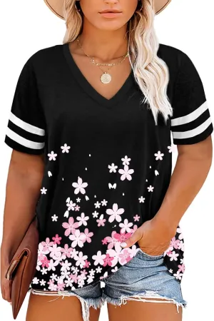 Happy Sailed Womens Plus Size Tunic Tops Summer Short Sleeve V Neck Striped Loose Casual Tee Shirt(1X-5X)