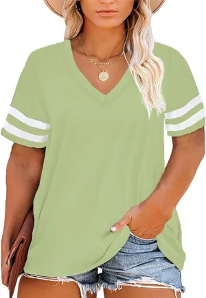 Happy Sailed Womens Plus Size Tunic Tops Summer Short Sleeve V Neck Striped Loose Casual Tee Shirt(1X-5X)