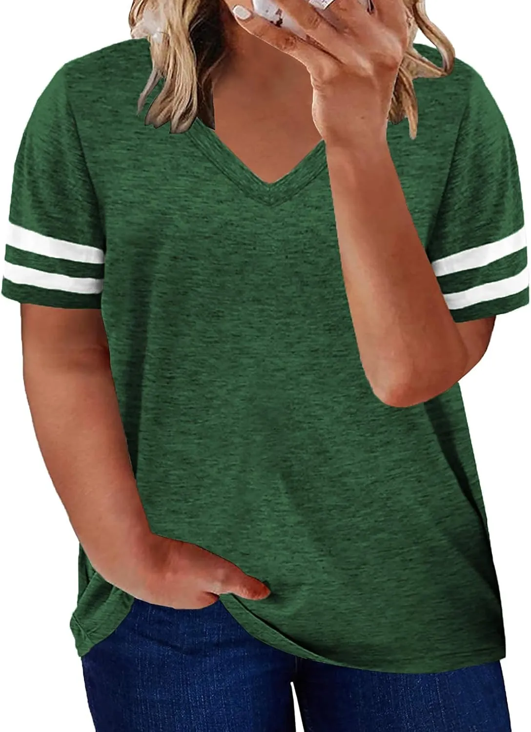 Happy Sailed Womens Plus Size Tunic Tops Summer Short Sleeve V Neck Striped Loose Casual Tee Shirt(1X-5X)
