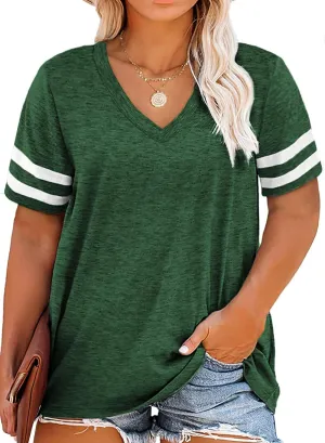 Happy Sailed Womens Plus Size Tunic Tops Summer Short Sleeve V Neck Striped Loose Casual Tee Shirt(1X-5X)