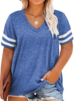 Happy Sailed Womens Plus Size Tunic Tops Summer Short Sleeve V Neck Striped Loose Casual Tee Shirt(1X-5X)