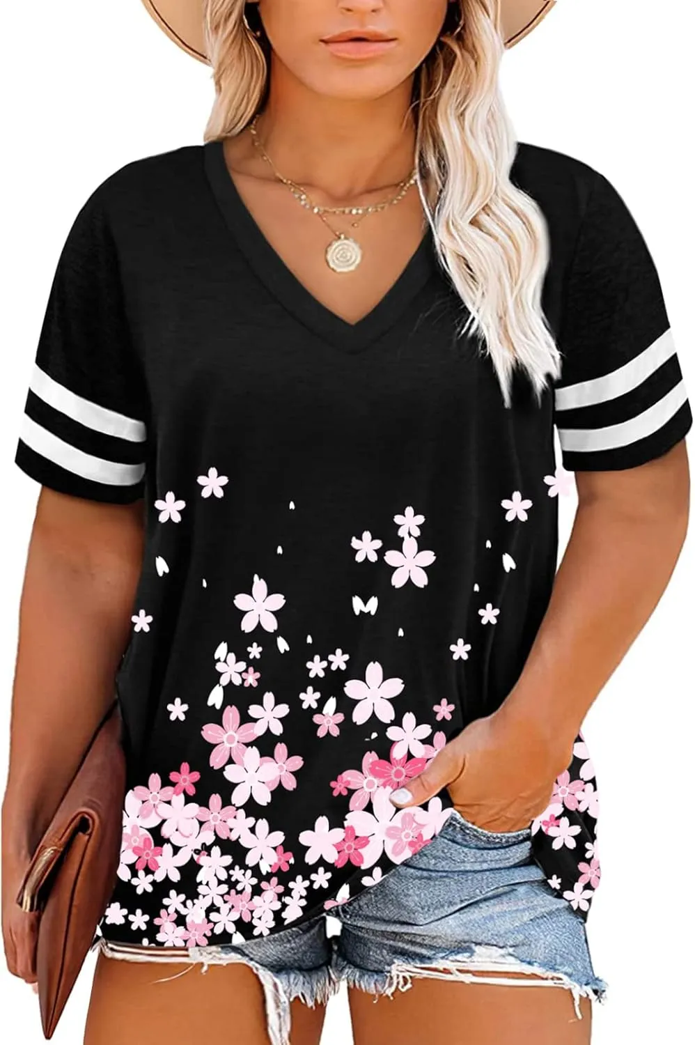 Happy Sailed Womens Plus Size Tunic Tops Summer Short Sleeve V Neck Striped Loose Casual Tee Shirt(1X-5X)