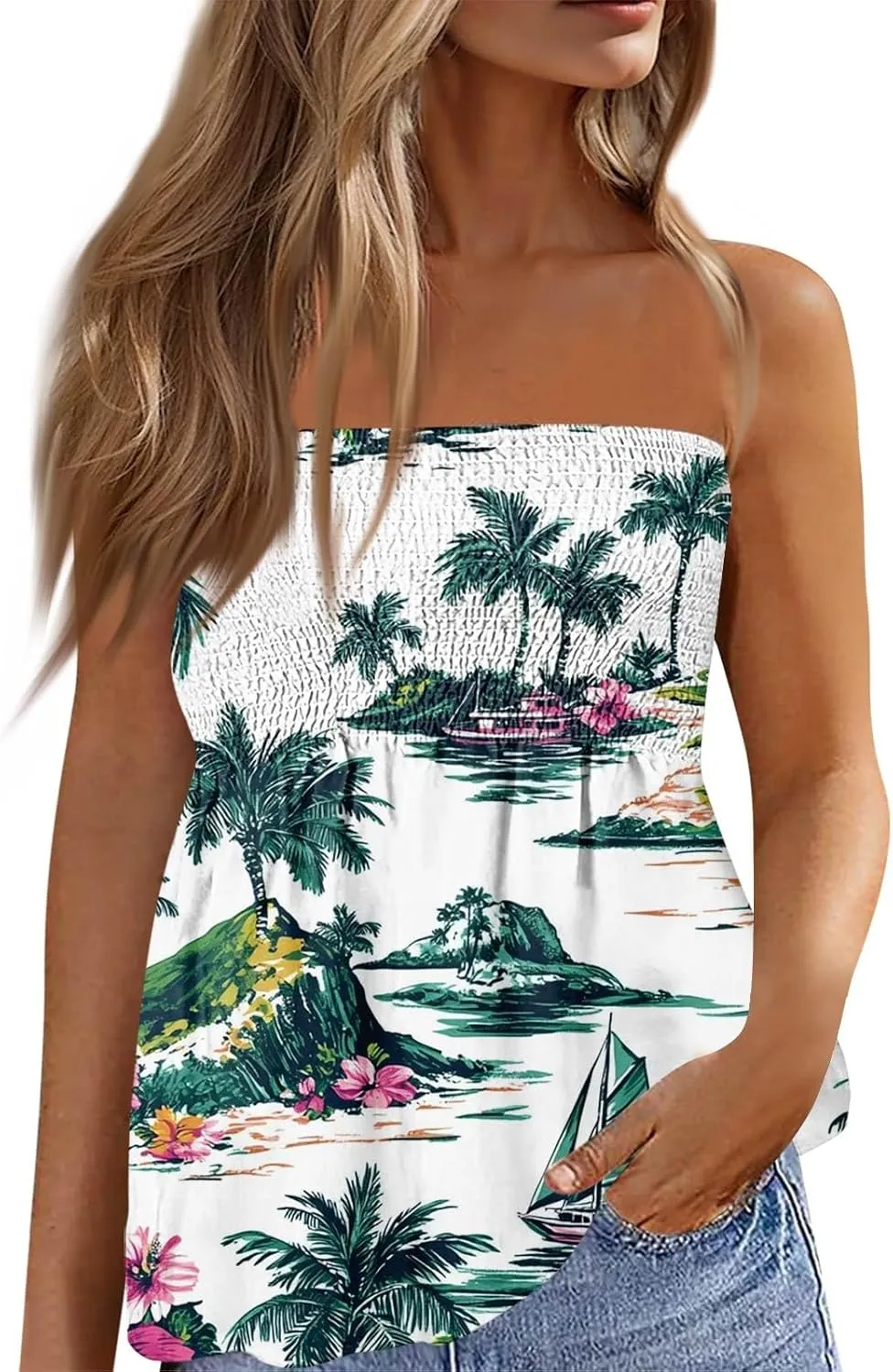 Hawaiian Print Tube Summer Tops Women Elastic Trim Strapless Vintage Blouse Multicolour Off The Shoulder Tees