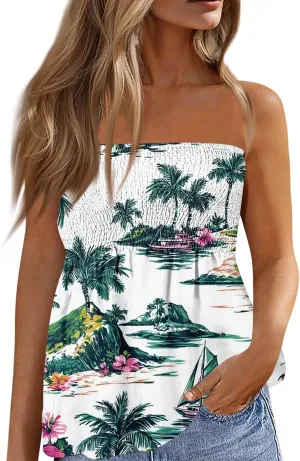 Hawaiian Print Tube Summer Tops Women Elastic Trim Strapless Vintage Blouse Multicolour Off The Shoulder Tees