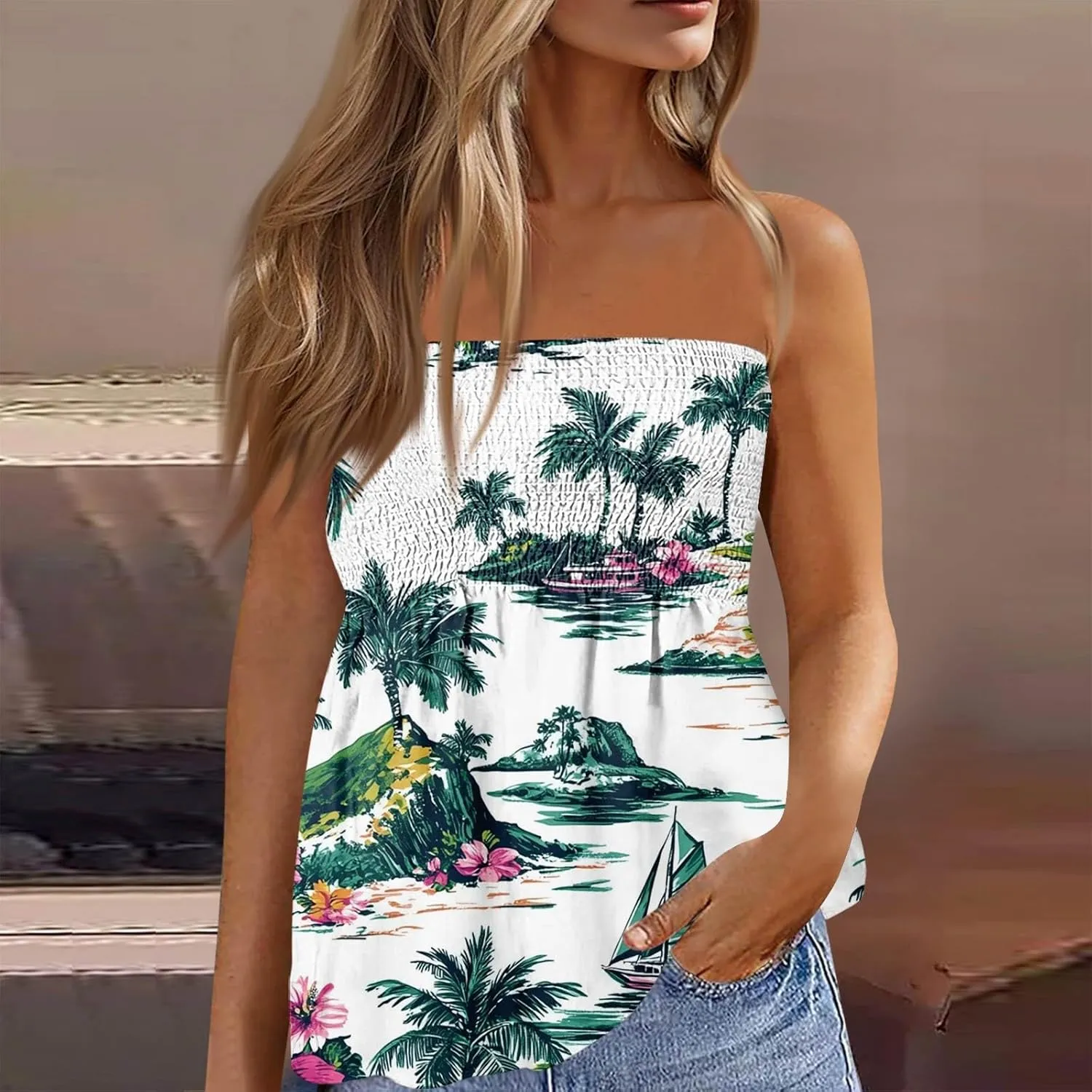Hawaiian Print Tube Summer Tops Women Elastic Trim Strapless Vintage Blouse Multicolour Off The Shoulder Tees