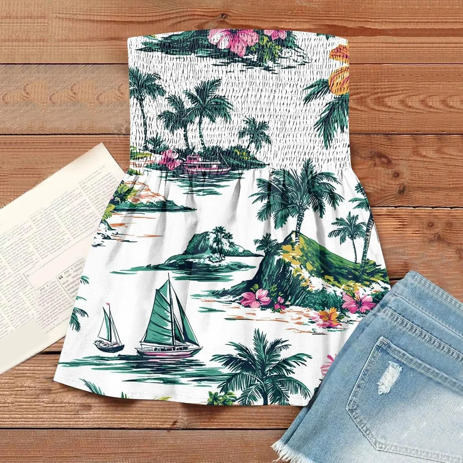 Hawaiian Print Tube Summer Tops Women Elastic Trim Strapless Vintage Blouse Multicolour Off The Shoulder Tees