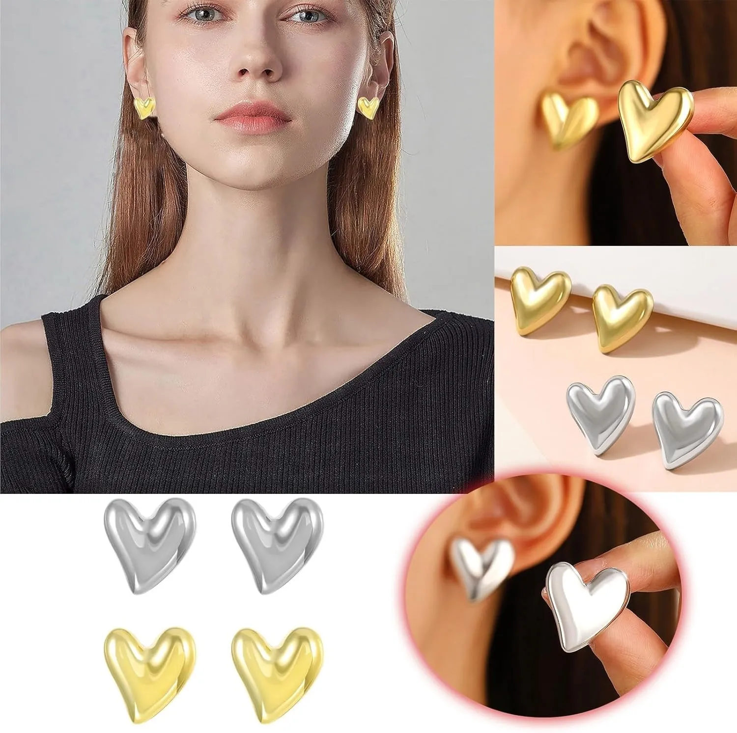 Heart Stud Earrings for Women,Gold Plated Sterling Silver Small Love Hearted Stud Valentine's Day Minimalist Jewelry Gifts