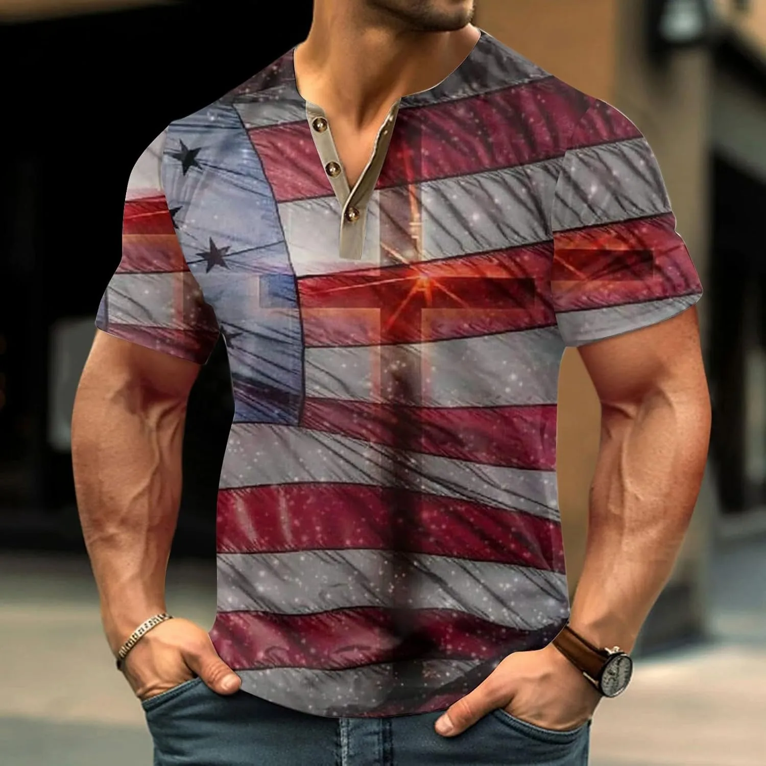 Henley Shirts 4th of July Shirts Short Sleeve Star Striped Summer Shirts Graphic Tees
