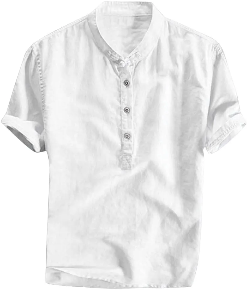 Henley Shirts for Men, Band Collar Short Sleeve Shirt Summer Beach Hippie Shirt Lightweight Regular-Fit Yoga Tops
