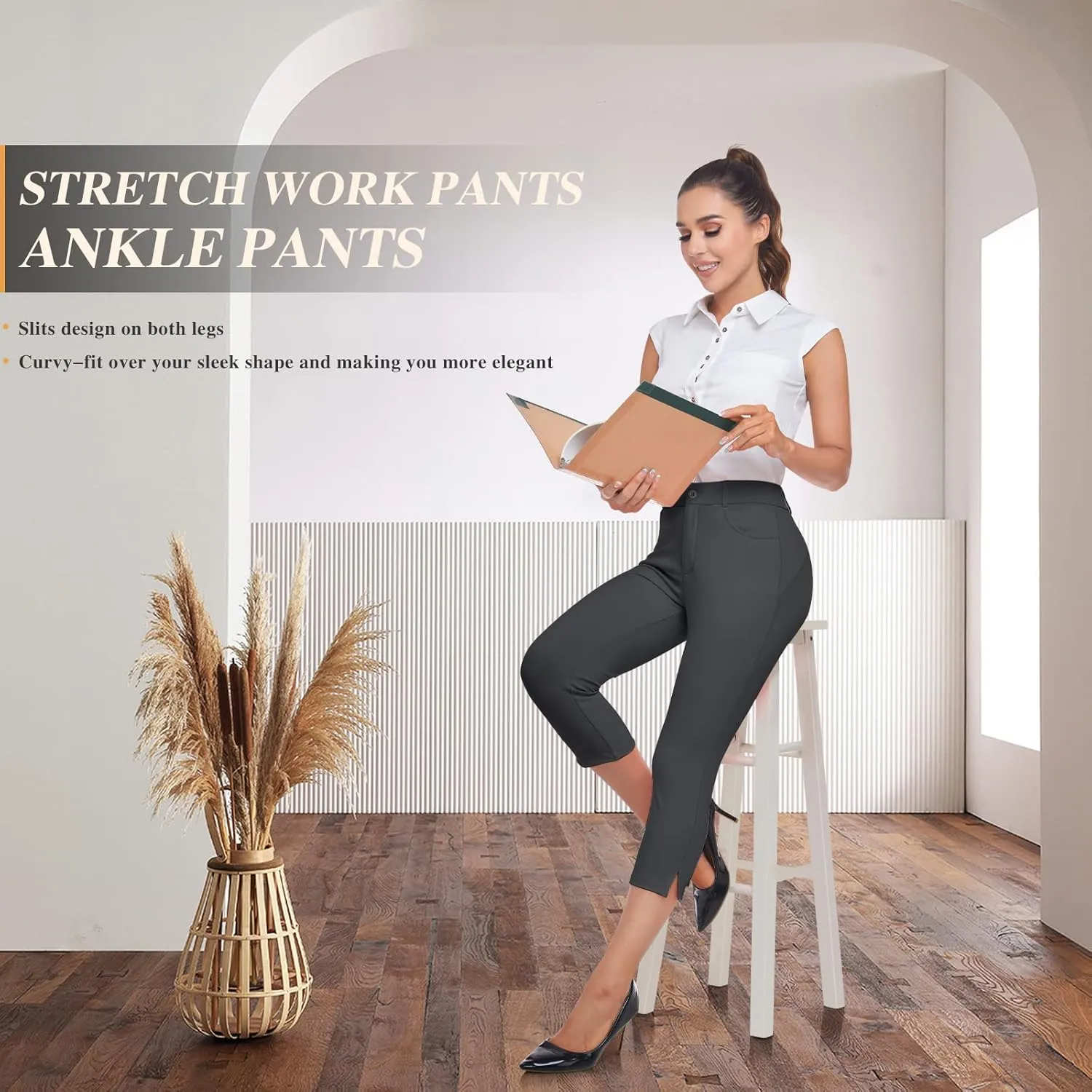 HISKYWIN Women Yoga Dress Pants Stretchy Work Pants Straightleg/Bootcut Office Slacks with Pockets for Business Casual Petite
