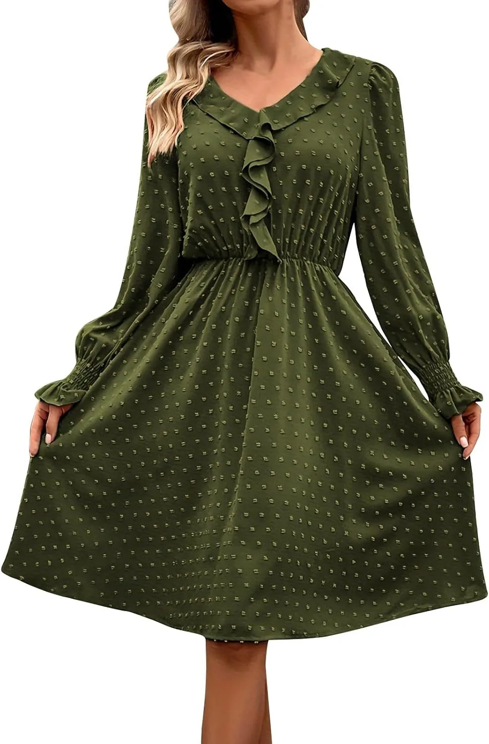 hlysgo Womens Going Out Dresses Casual Loose Fit Long Sleeve V Neck Mini Dress Trendy Swiss Dots A-Line Swing Babydoll Dress