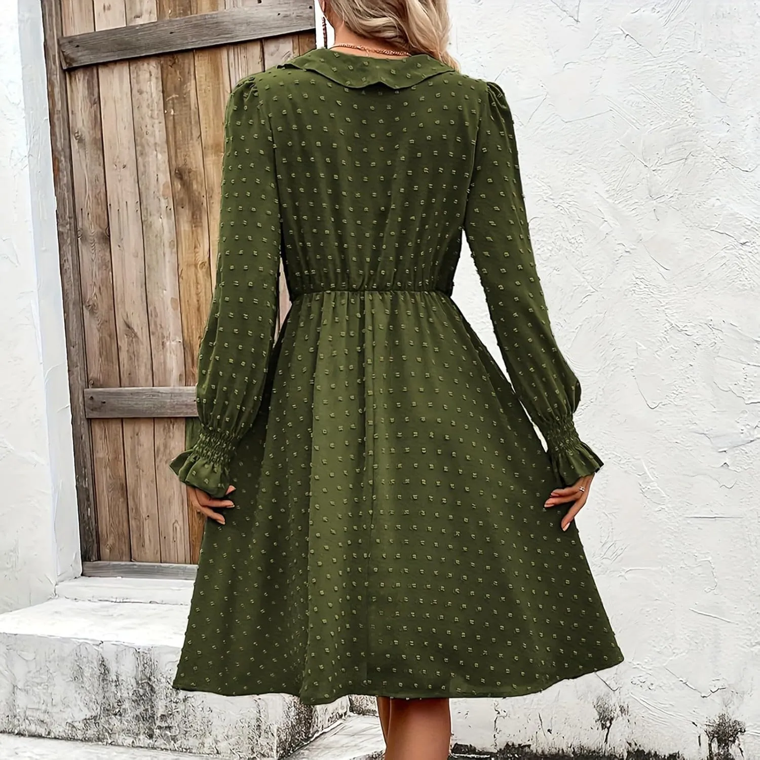 hlysgo Womens Going Out Dresses Casual Loose Fit Long Sleeve V Neck Mini Dress Trendy Swiss Dots A-Line Swing Babydoll Dress