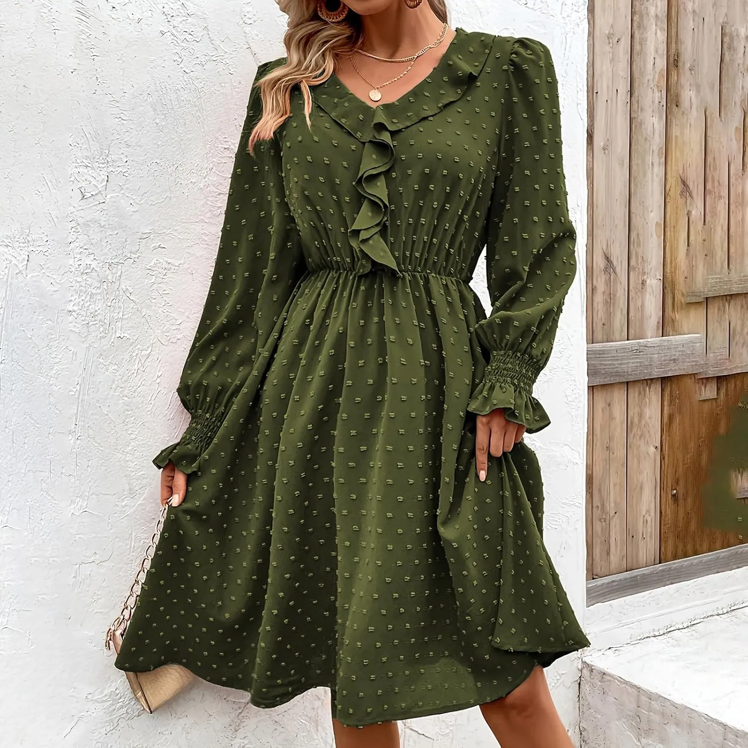 hlysgo Womens Going Out Dresses Casual Loose Fit Long Sleeve V Neck Mini Dress Trendy Swiss Dots A-Line Swing Babydoll Dress