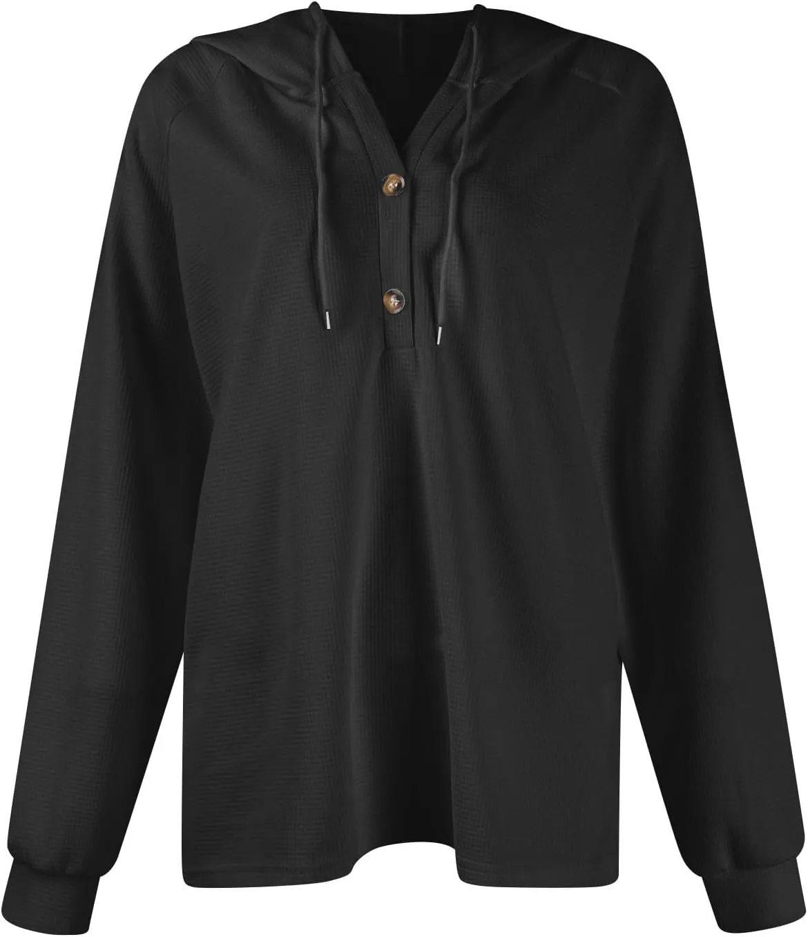Hoodies for Women Waffle Knit Drawstring Button V Neck Hooded Oversized Sweatshirt Casual Comfy Pullover Sweater