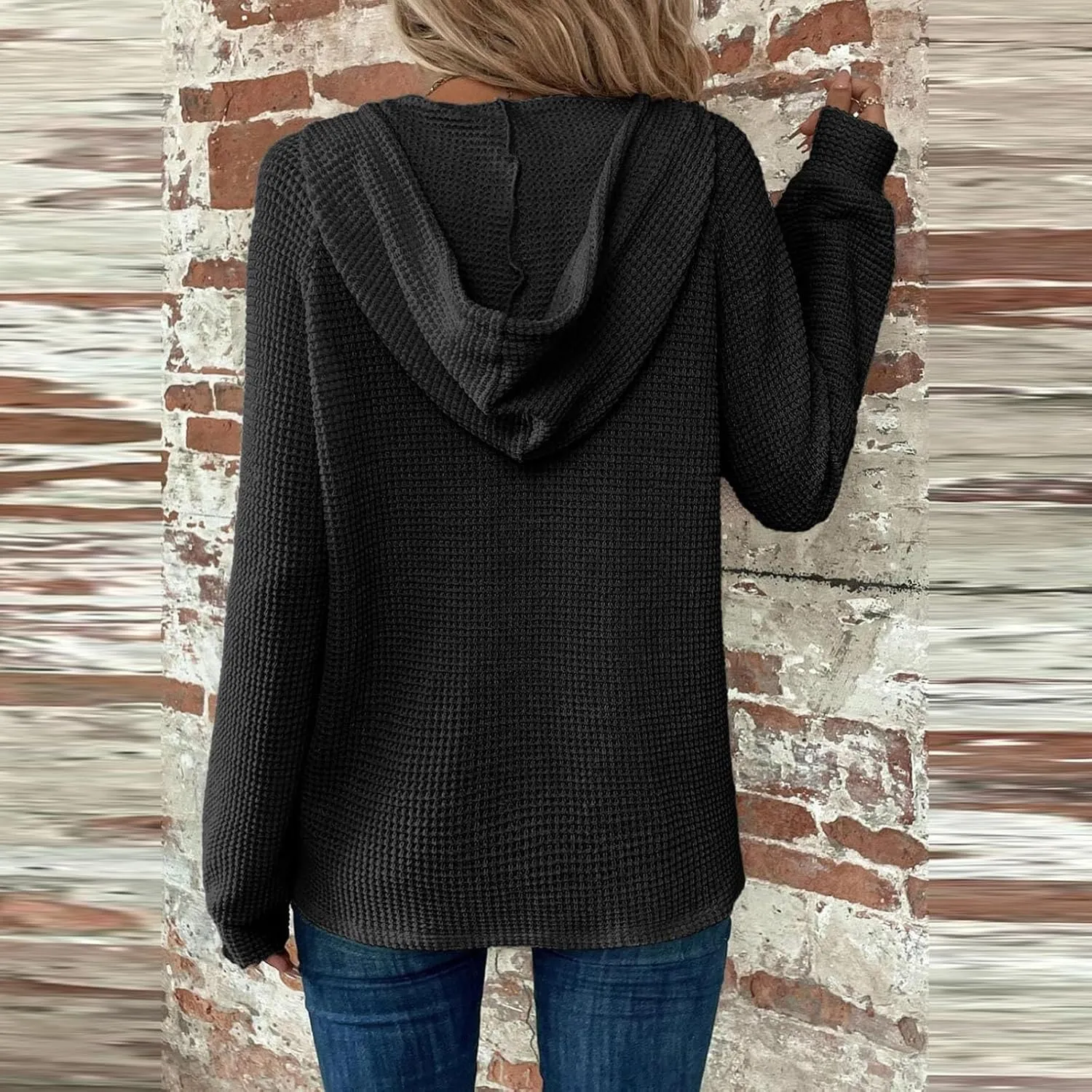 Hoodies for Women Waffle Knit Drawstring Button V Neck Hooded Oversized Sweatshirt Casual Comfy Pullover Sweater