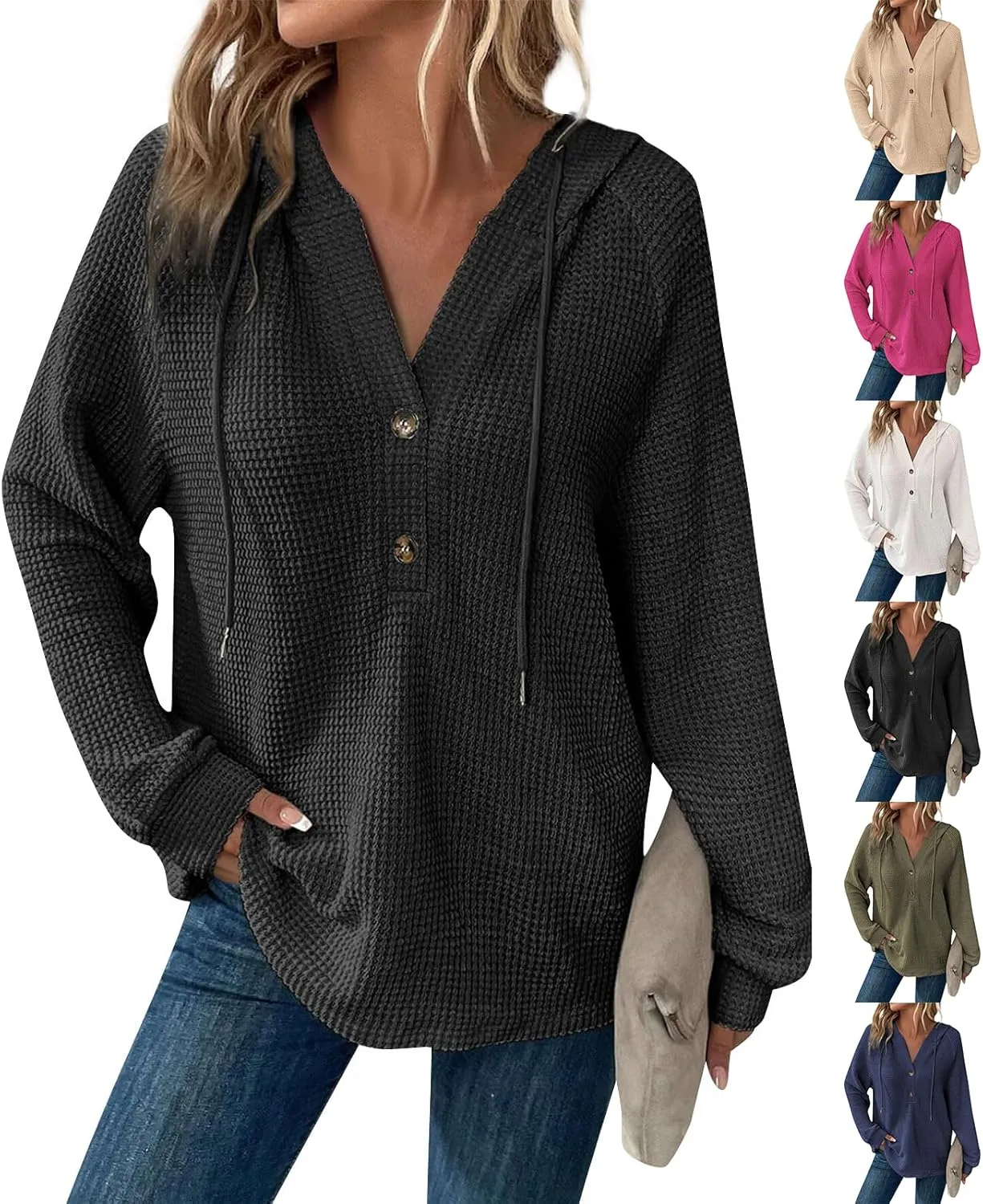 Hoodies for Women Waffle Knit Drawstring Button V Neck Hooded Oversized Sweatshirt Casual Comfy Pullover Sweater