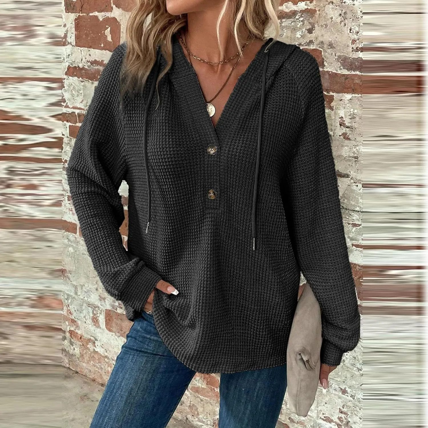 Hoodies for Women Waffle Knit Drawstring Button V Neck Hooded Oversized Sweatshirt Casual Comfy Pullover Sweater