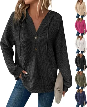 Hoodies for Women Waffle Knit Drawstring Button V Neck Hooded Oversized Sweatshirt Casual Comfy Pullover Sweater