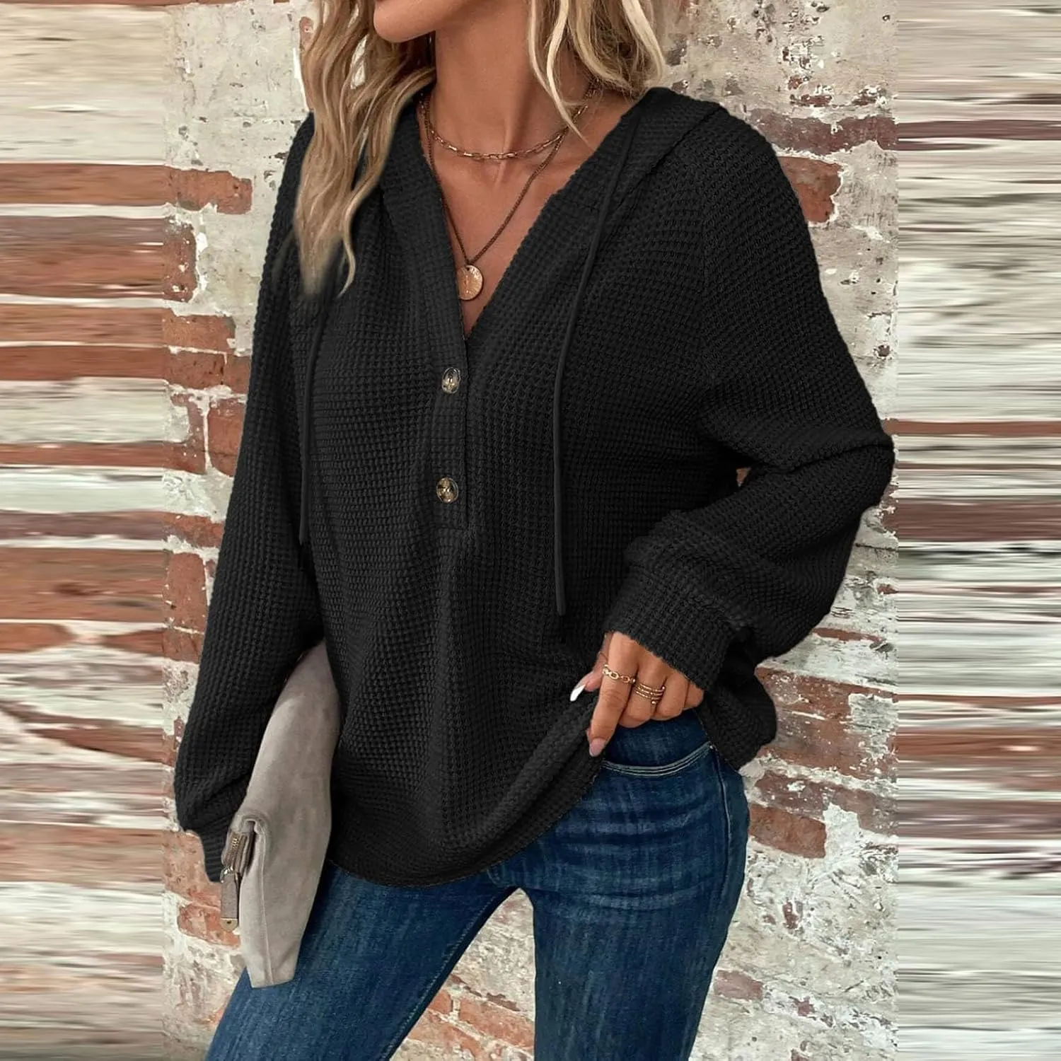 Hoodies for Women Waffle Knit Drawstring Button V Neck Hooded Oversized Sweatshirt Casual Comfy Pullover Sweater