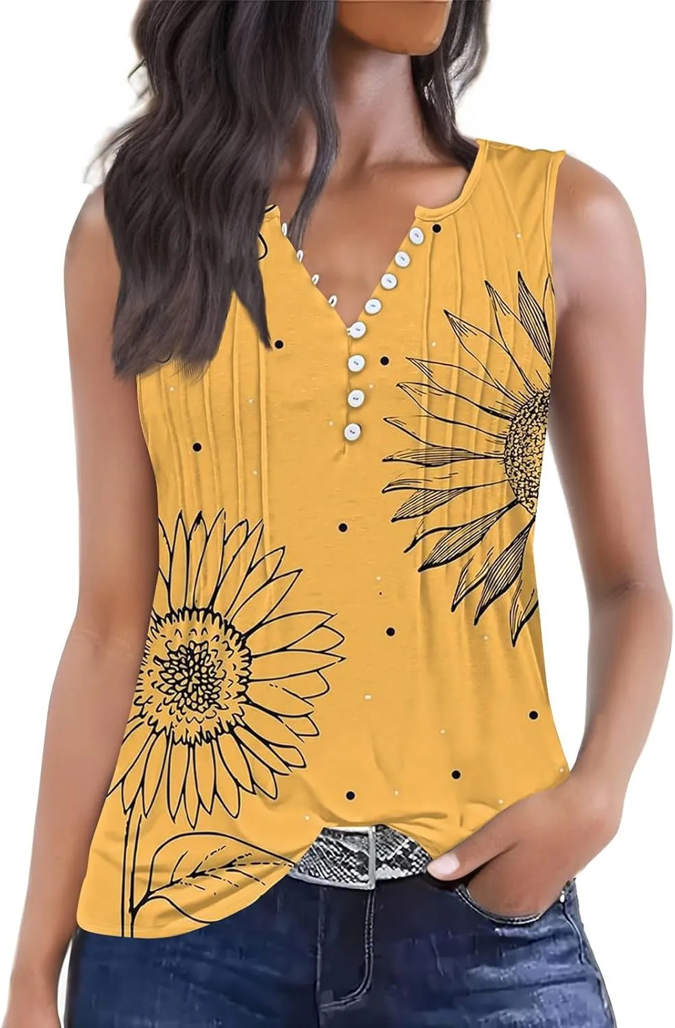 HTHLVMD Tank Tops for Women 2025 Summer Pleated Tunic Loose Fit Sleeveless Shirts Dressy Casual V Neck Button Down Blouses