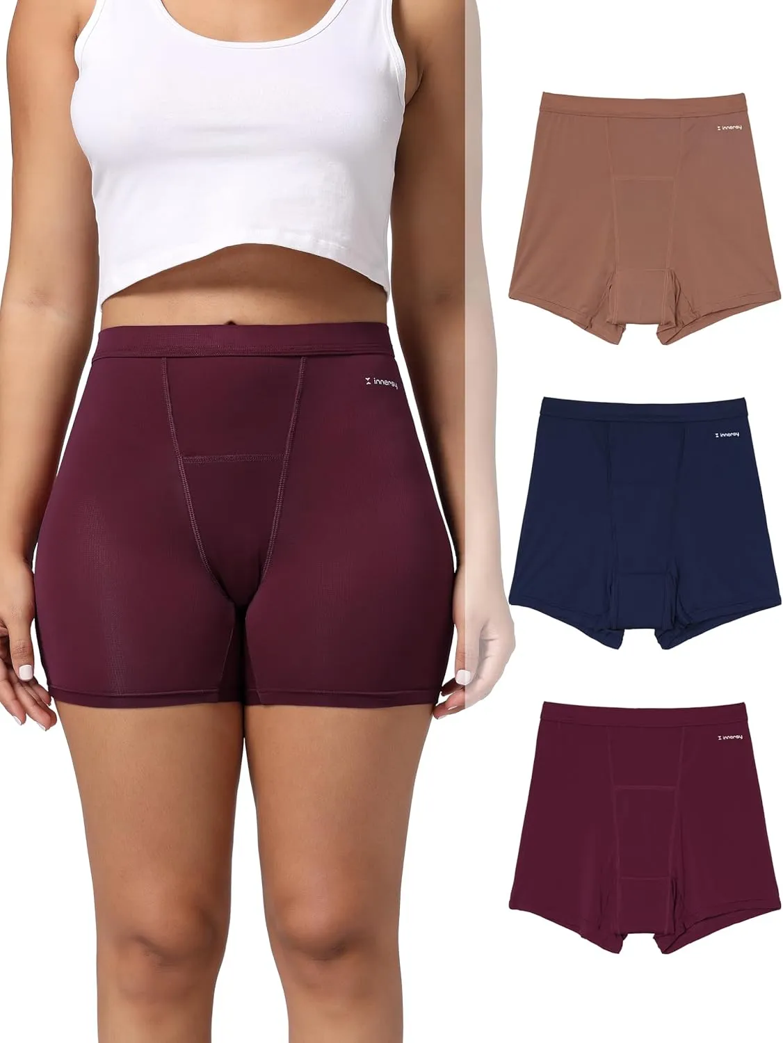 INNERSY Women's High Waisted Period Underwear Boy Shorts Panties for Postpartum Menstrual 3-Pack