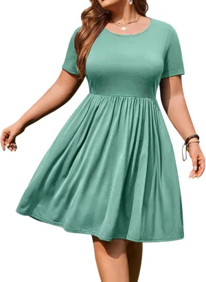 IN'VOLAND Womens Plus Size Casual Short Sleeve Dresses Summer Soft and Stretchy Swing T-Shirt Dress with Pockets Green