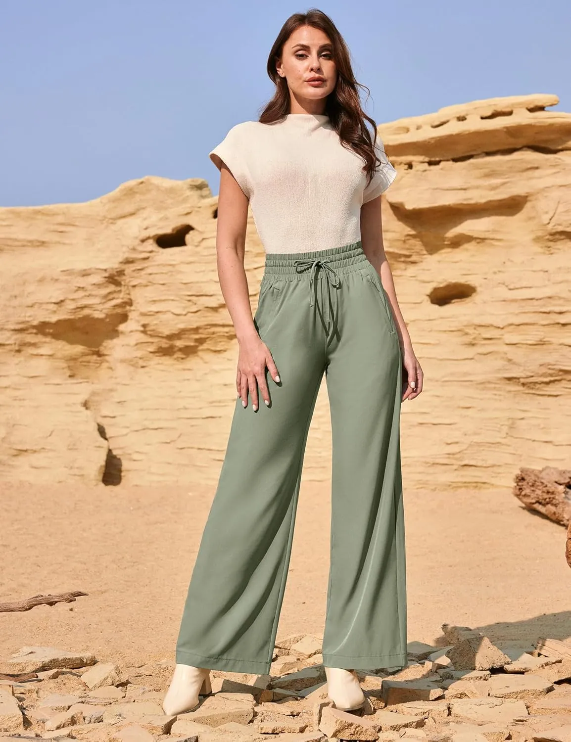 IUGA UPF 50  Wide Leg Travel Hiking Pants for Women Quick-Dry Business Casual Pants for Work Lounge Beach, 28''/30''
