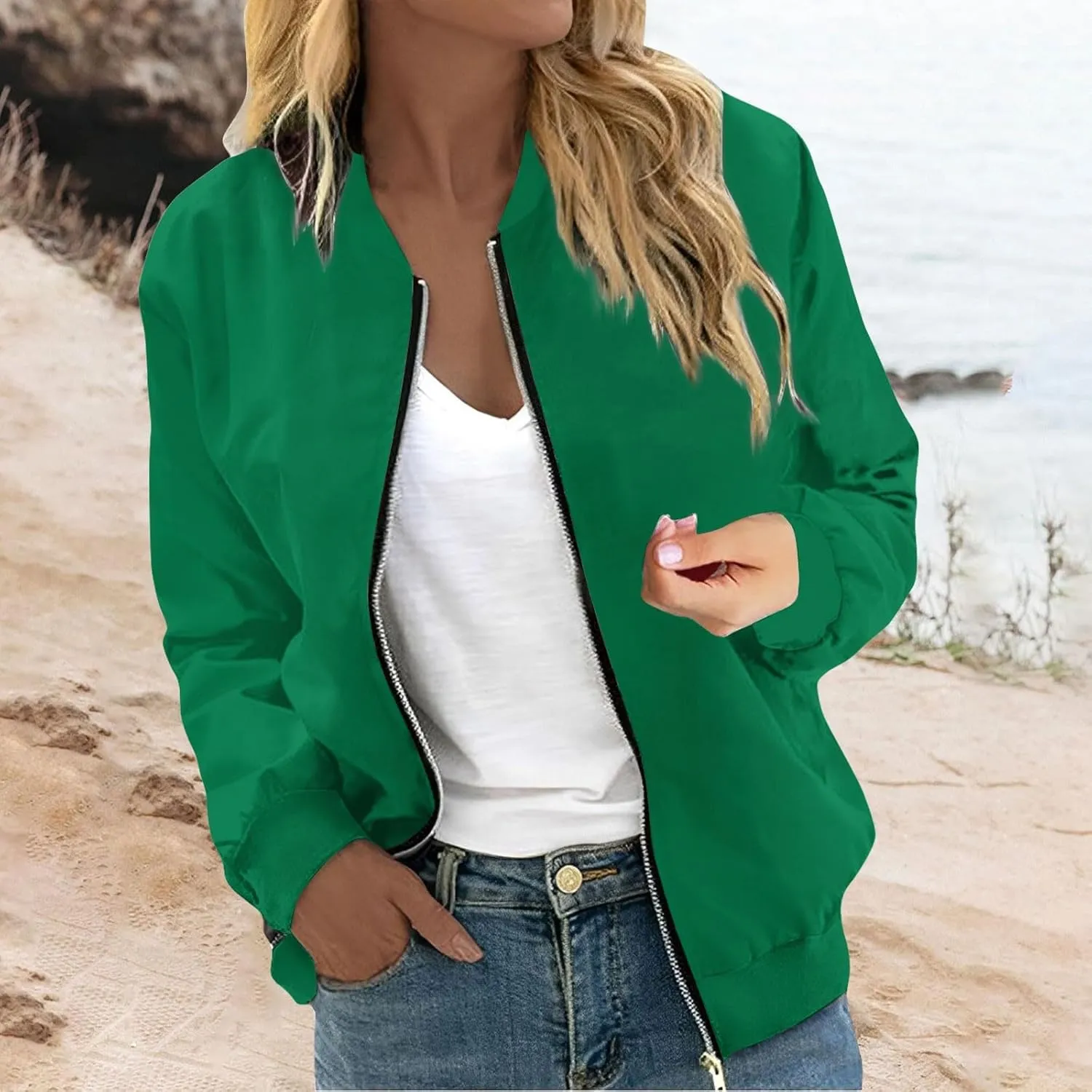 Jackets for Women Lightweight Zip Up Bomber Jacket with Pockets Stand Collar Windproof Outwear Fashion Fall Coat