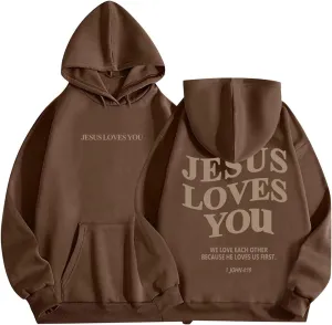 Jesus Loves You Sweatshirt for Women Casual Trendy Loose Fit Oversized Christian Sweatshirts Drawstring Pullover Y2k Hoodie