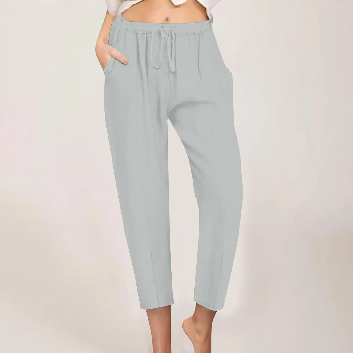 jsaierl Women Linen Pants Summer Cotton Tapered Pants Drawstring Waist Beach Trousers with Pockets Casual Vacation Outfits