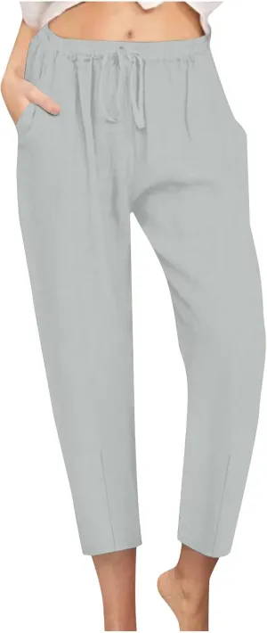 jsaierl Women Linen Pants Summer Cotton Tapered Pants Drawstring Waist Beach Trousers with Pockets Casual Vacation Outfits